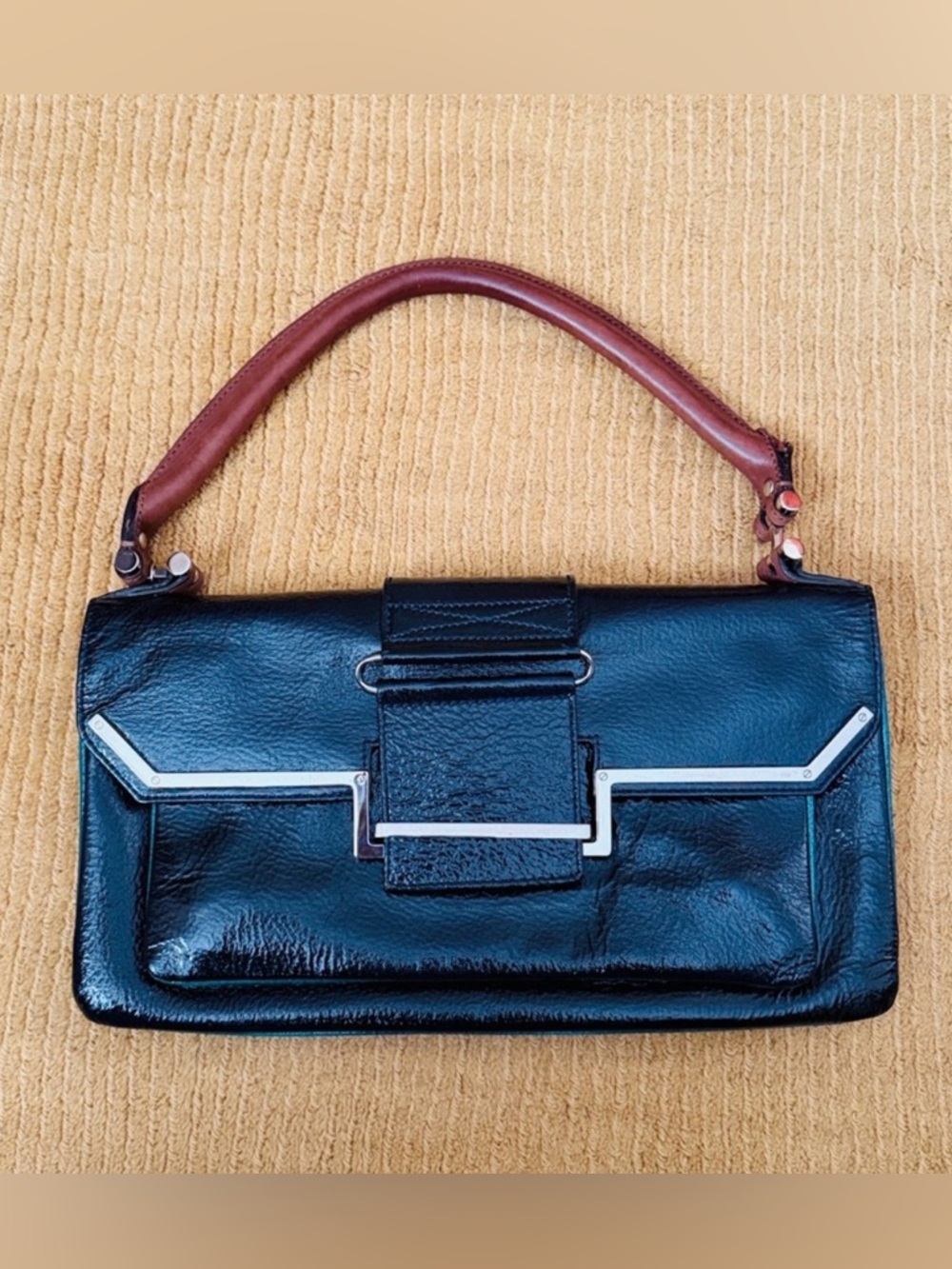 Lanvin Paris patent black Leather bag with brown strap and turquoise trim